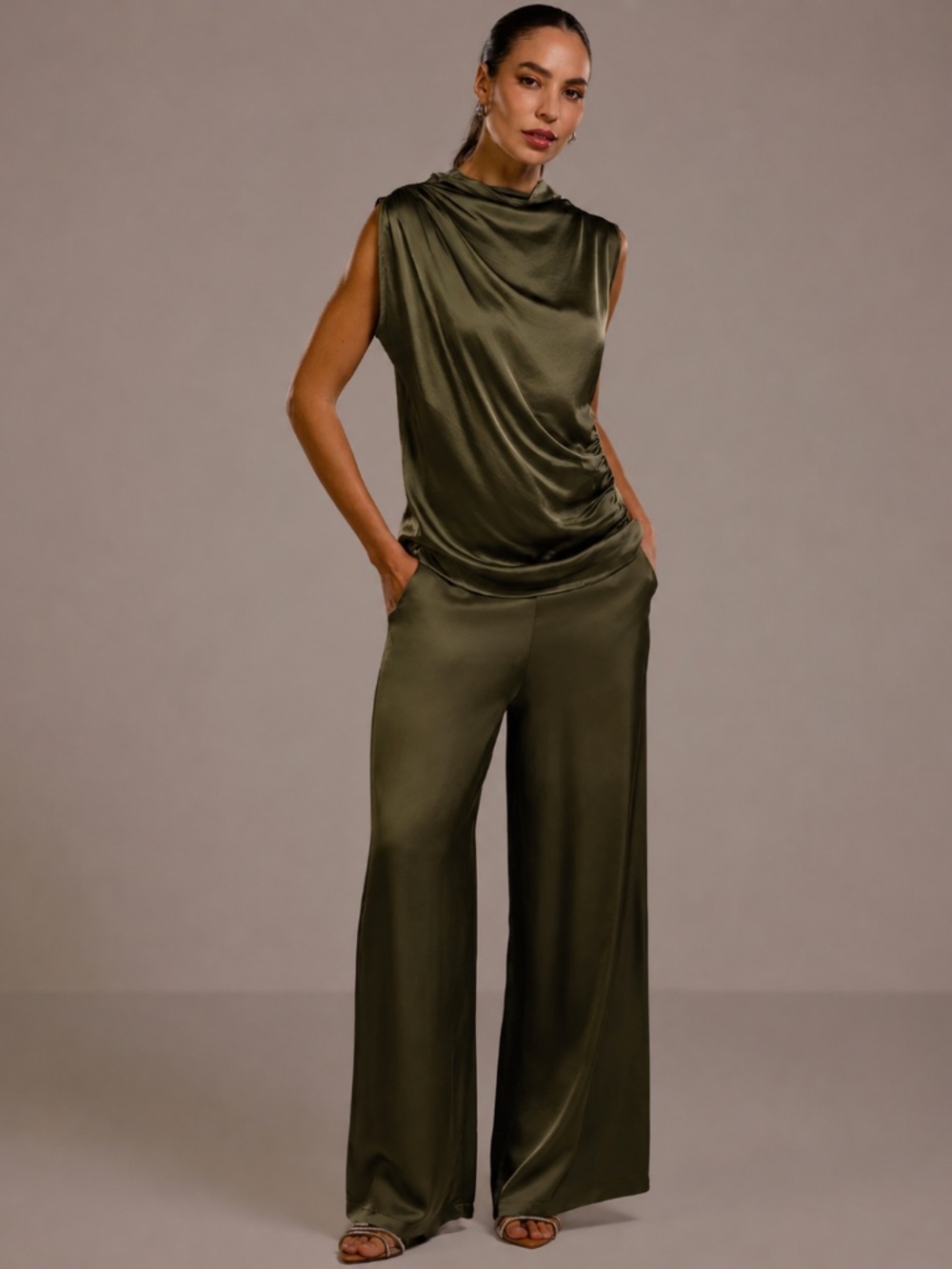 JAKI London Allegra Draped Satin Sleeveless Top Khaki XS
